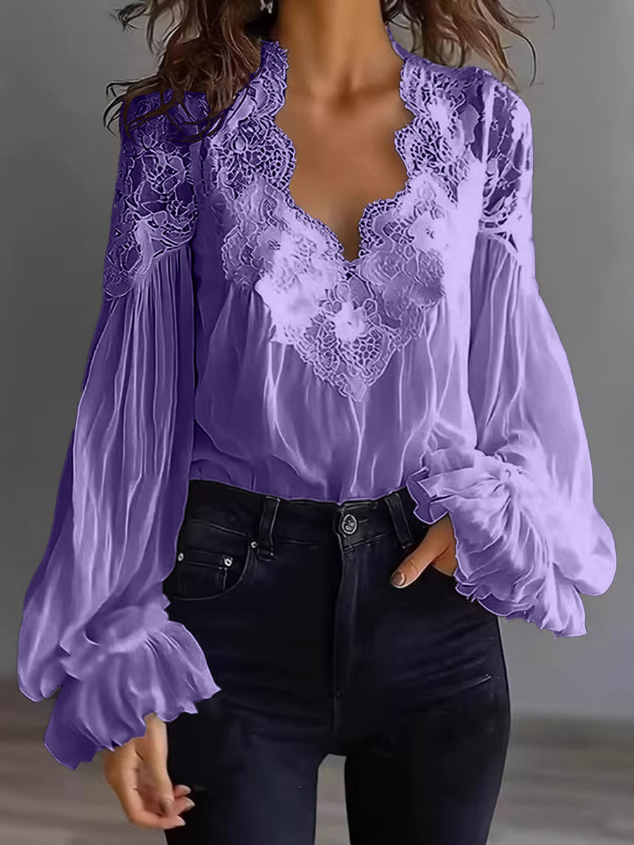 Women's Lace Patchwork Puff Sleeve Shirt