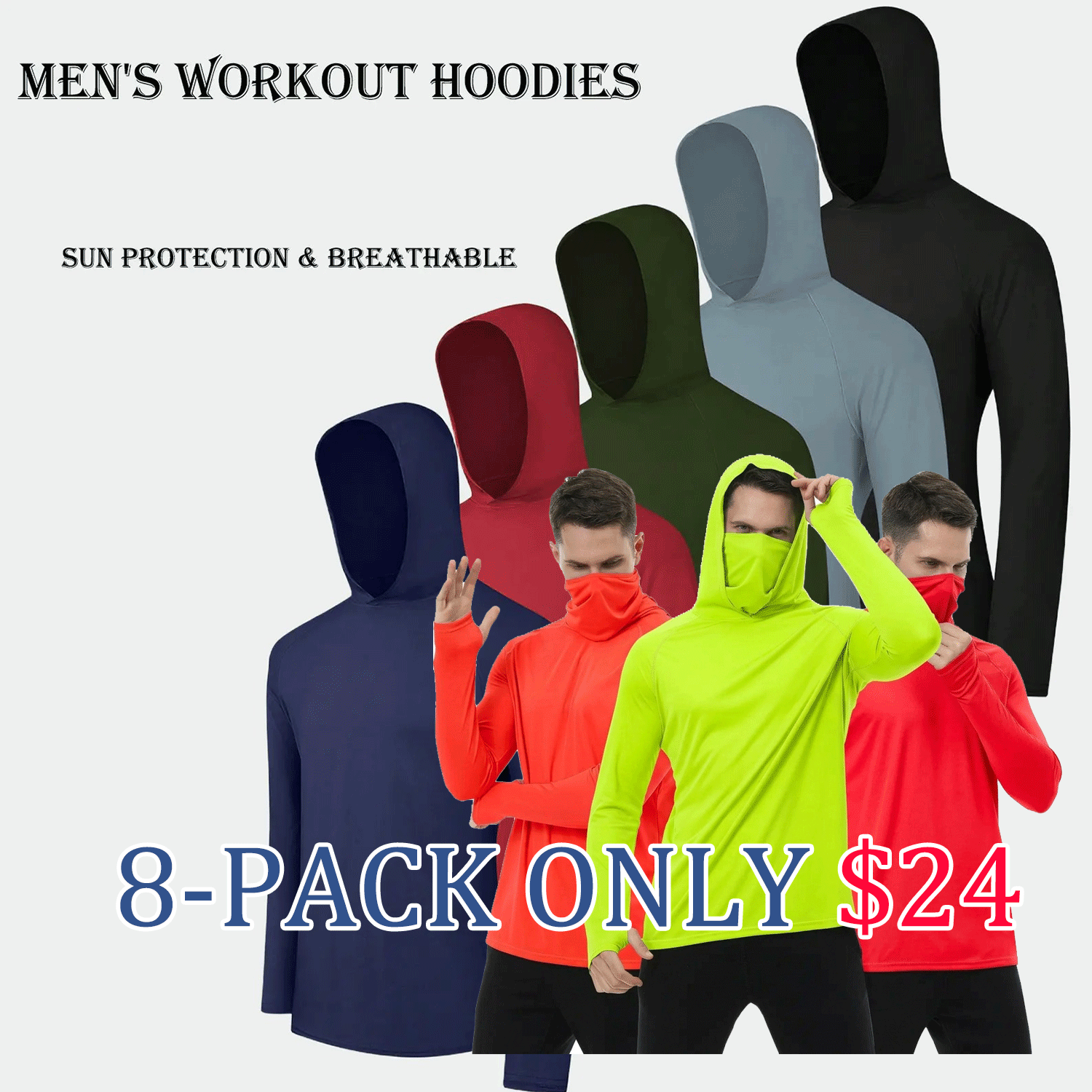 🔥🔥Men’s UPF Sun Protection Hoodie – Lightweight Dry-Fit Long Sleeve Athletic Shirthirt with Face Mask
