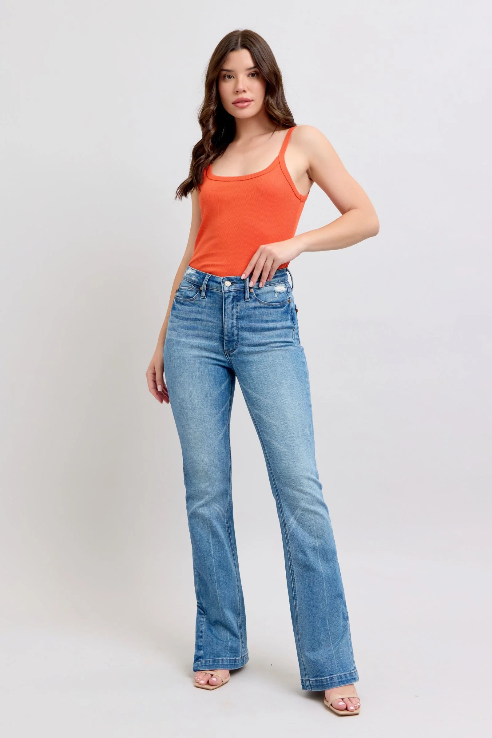 Blue Full Size High Waist Tummy Control Vintage Wash Side Slit Slim Boot Jeans