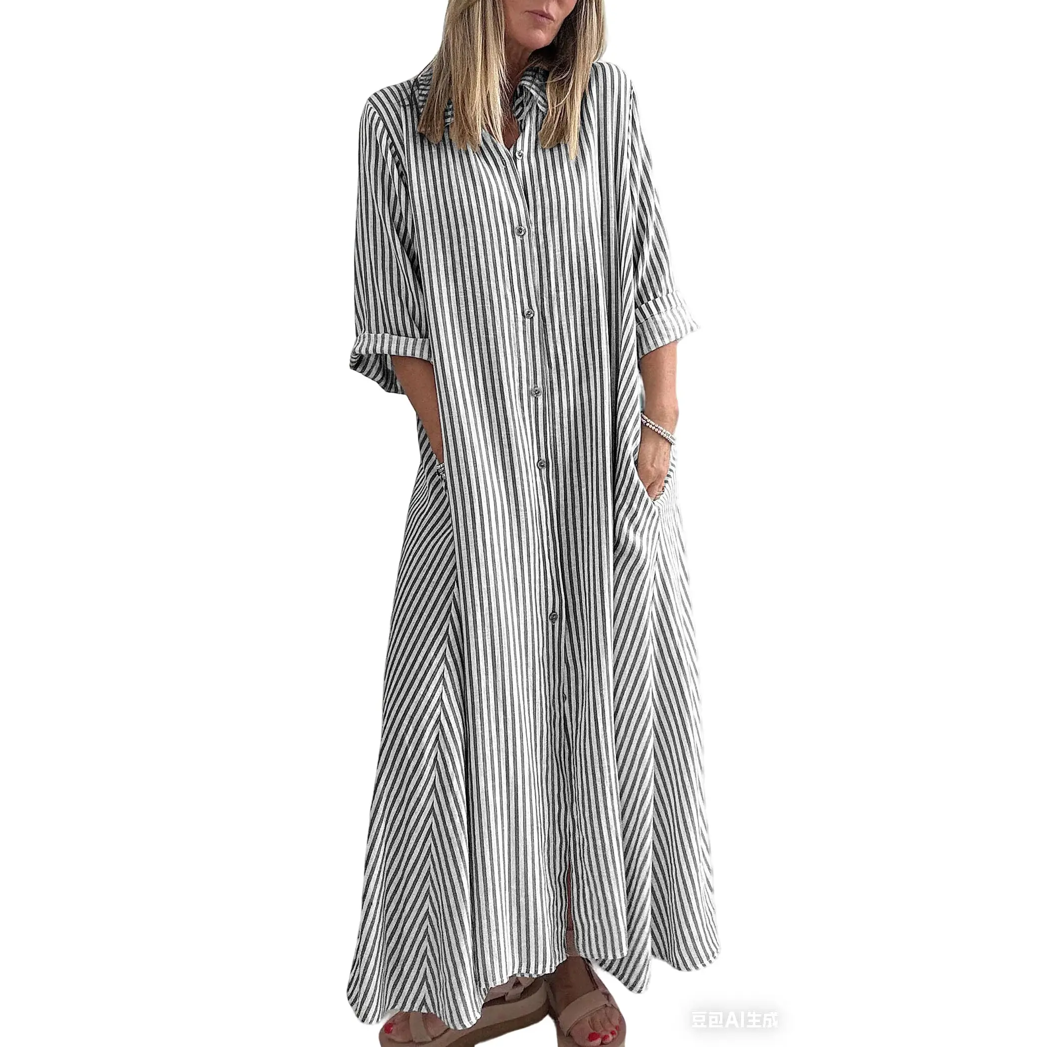 Chouyatou Women's Summer Long Shirt Dress Bohemian Style Striped Dress Casual Button-Down Three-Quarter Sleeve Maxi Dress with Pockets