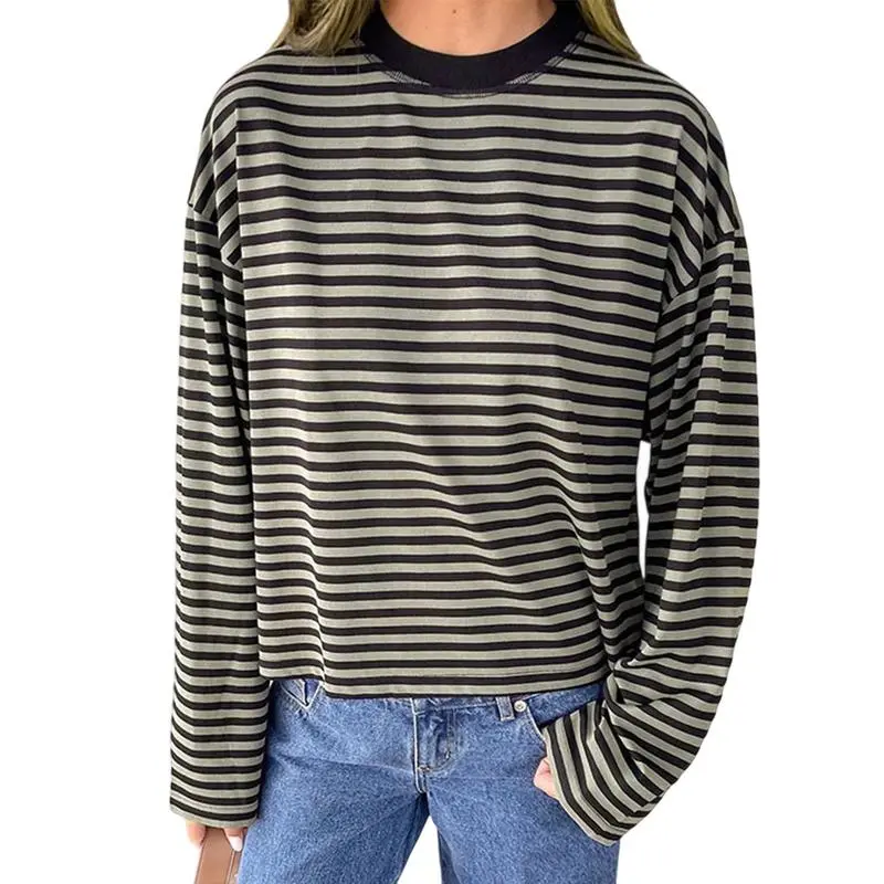Women Long Sleeve Crew Neck Loose Striped T Shirt