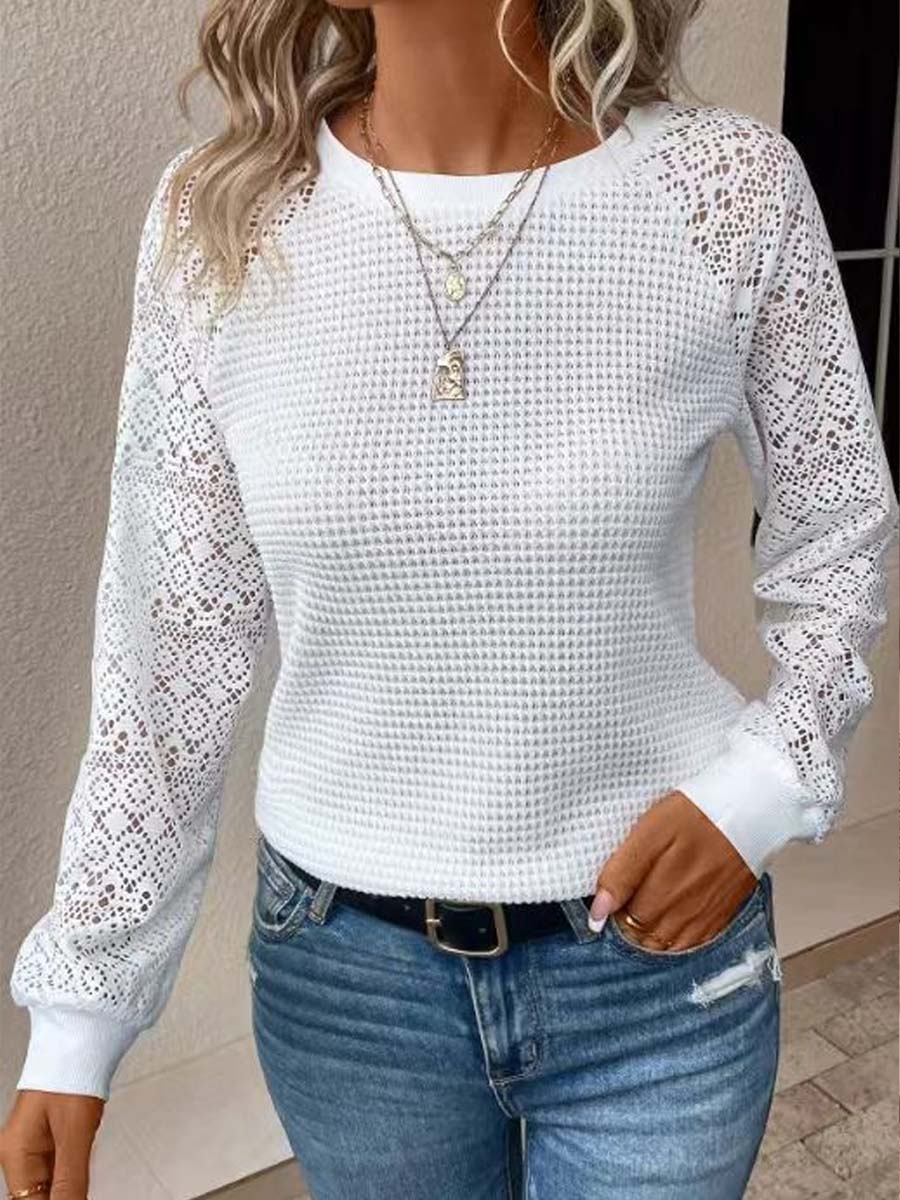 Women's Lace Long-sleeve Hollow-out Crew Neck Casual T-shirt