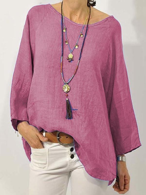 Women's Solid Color Cotton Linen Round Neck with Rotator Sleeve Nine-quarter Sleeve Shirt