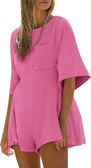 Women Spring Outfits Summer Casual Short Sleeve Crew Neck Loose Jumpsuits with Pocket