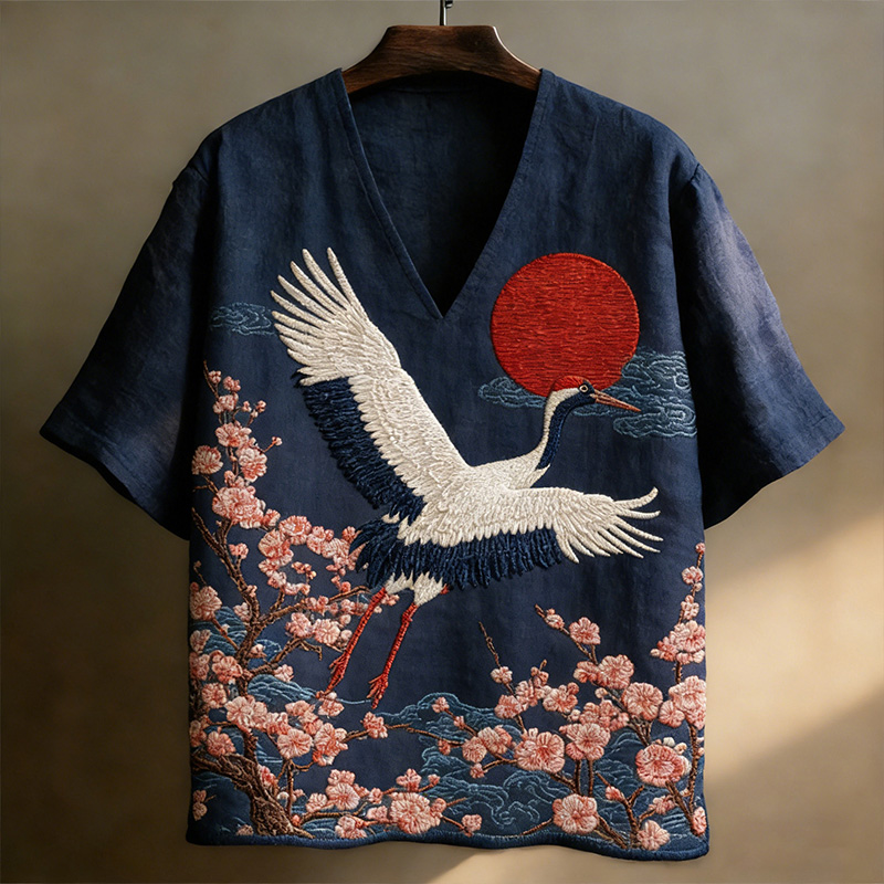 Men's Japanese-style Linen Short-sleeved V-neck Shirt With Crane And Floral Pattern