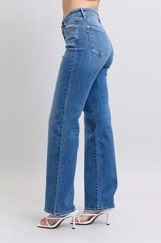 Blue Full Size High Waist V-Front Vintage Wash Straight Jeans Plus Size
