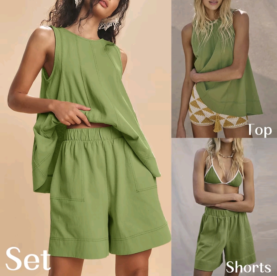 SCUSTY Women's 2-Piece Sleeveless Outfits SetA-Line Tank Tops Paired with High-Waist Shortswith Pockets