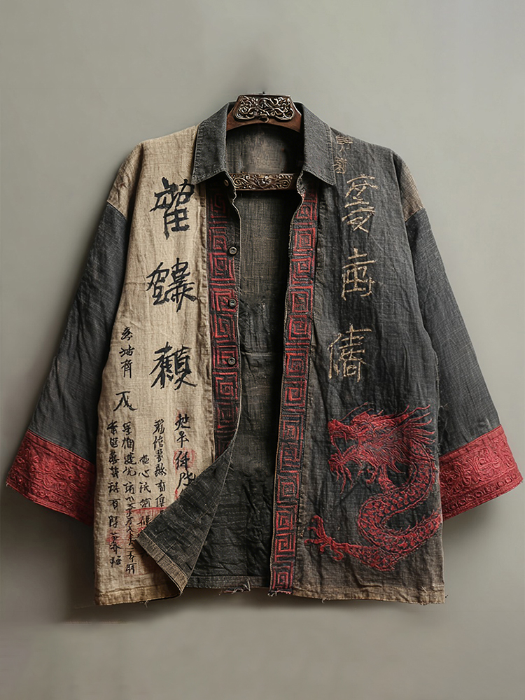 Men's Retro Japanese Calligraphy And Dragon Art Pattern Linen Blend Long-sleeve Shirt