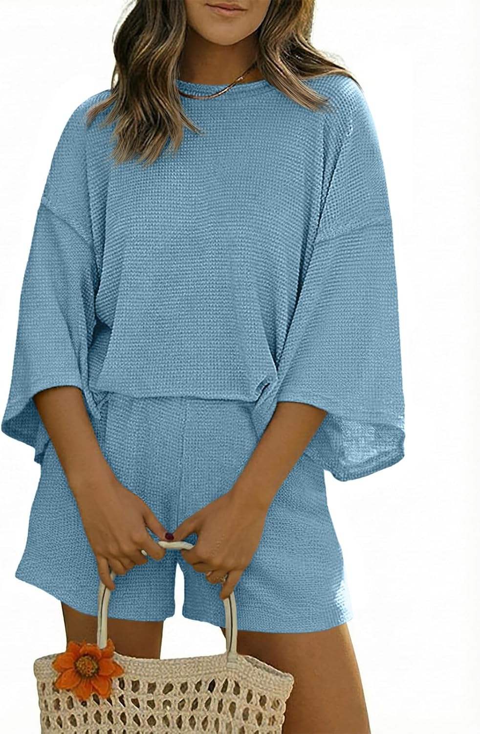 Womens Short Sets 2 Piece Outfits 3/4 Sleeve Tops and Elastic Waist Shorts Lounge Set Casual Loungewear