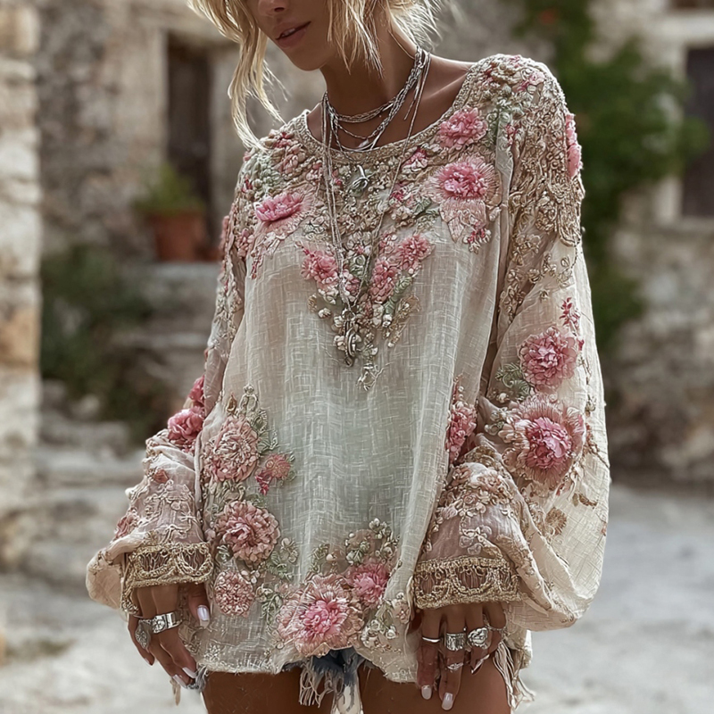 Women's Pink Rose Embroidery Art Round Neck Linen Blend T-shirt