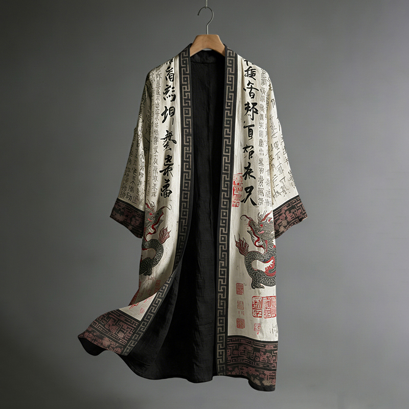 Men's Japanese Dragon Pattern Calligraphy And Painting Art Linen Long Kimono