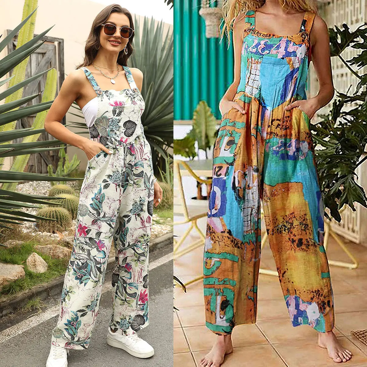 Tanming Women's Patchwork Dual Pocket Jumpsuit Loose Floral Print Bohemian Wide Leg Bib Overall Springfresh