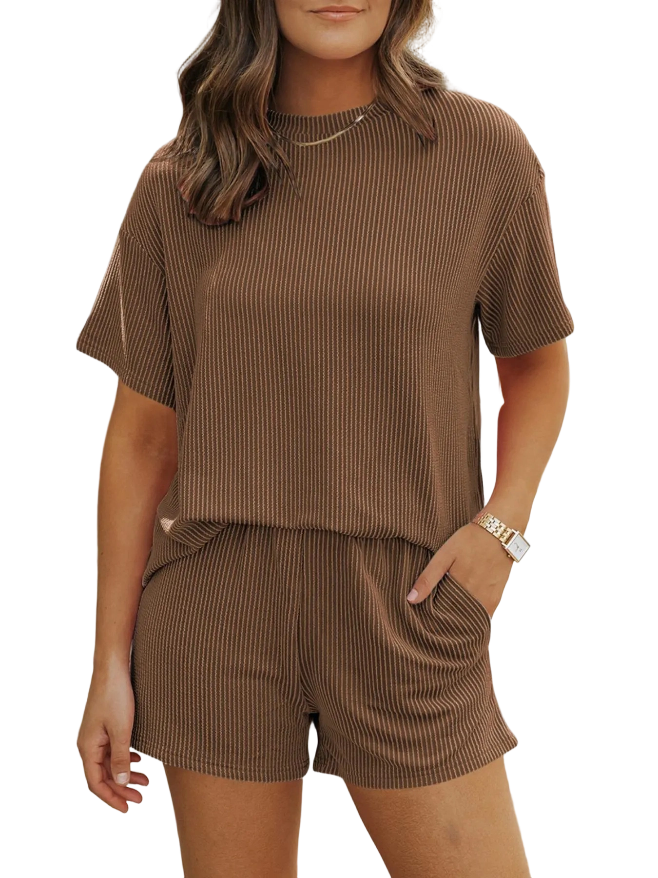 Women's Solid Twisted Ribbed Knit Textured Pocket Shorts Set, Casual Short Sleeve T-shirt & Elastic Waist Shorts