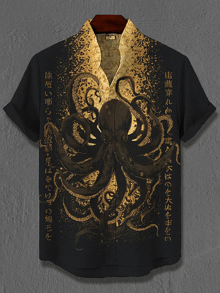 Men's Japanese Art Cthulhu Octopus Print Short Sleeve Shirt