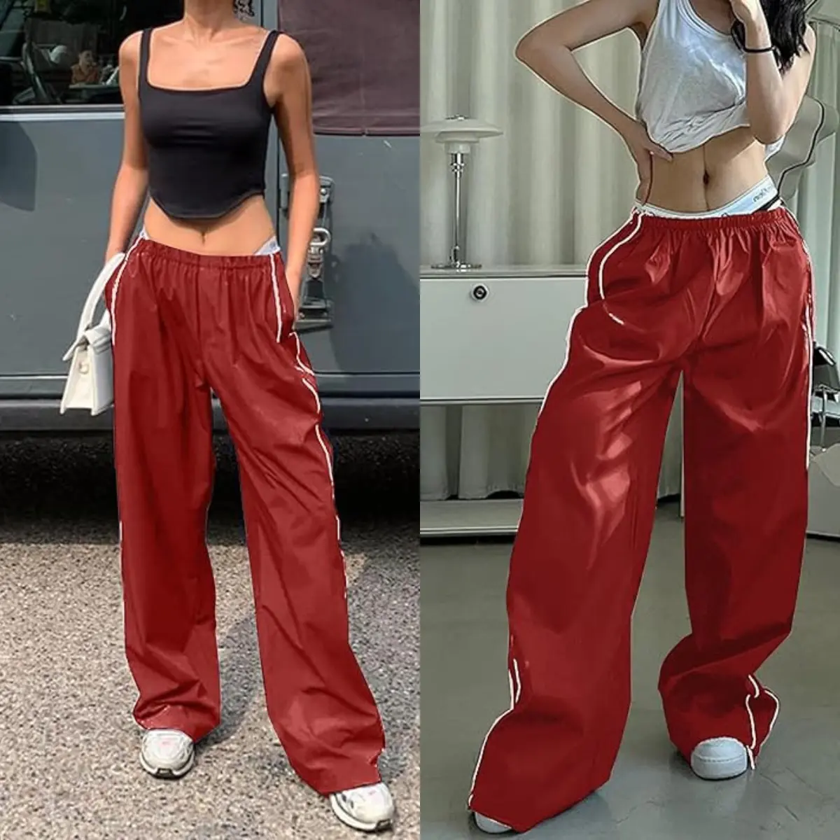 Women's Parachute Wideleg Pants Baggy Y2K Elastic Waist Wide Leg Track Pants Trousers Casual