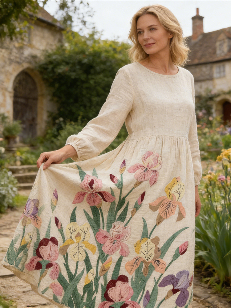 Vintage Floral Art Women's Linen Long Sleeve Midi Dress