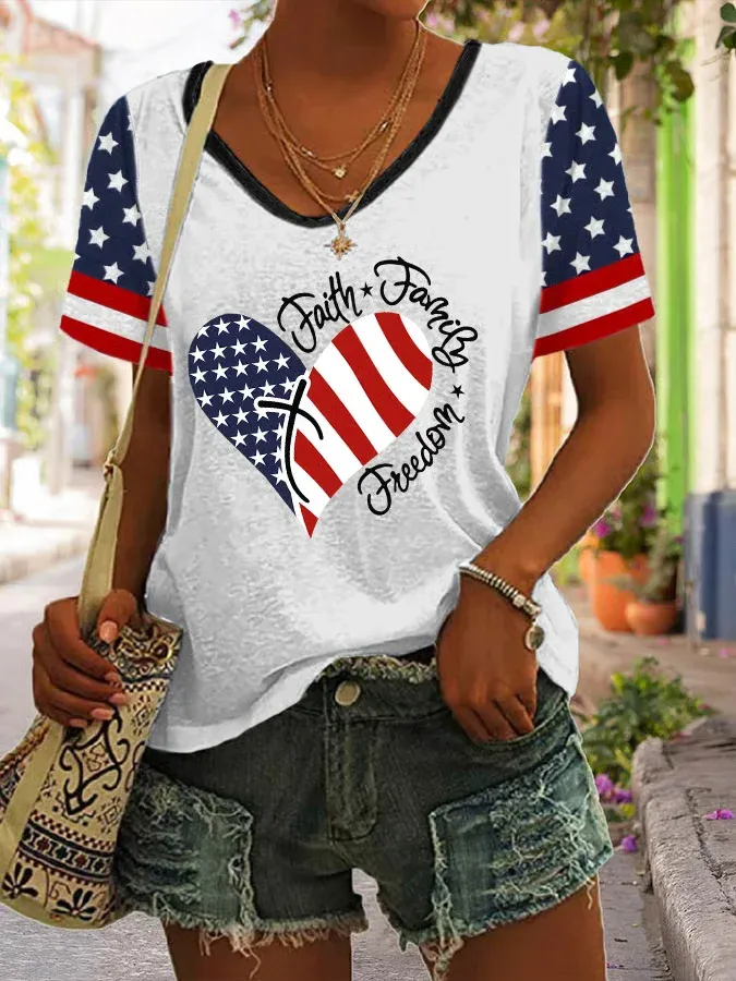Casual Independence Day (Flag) V Neck Short Sleeve T-shirt