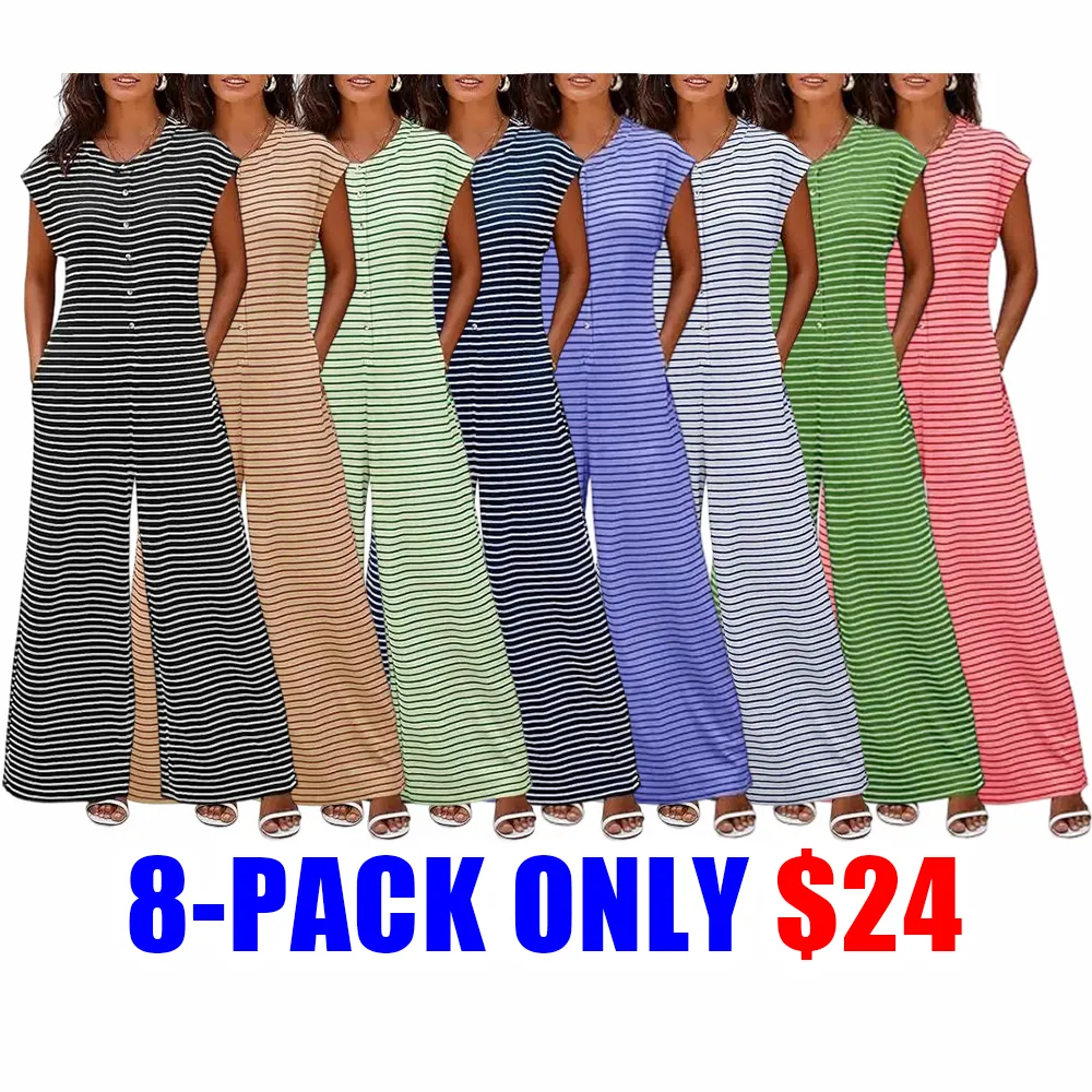 Women’s Casual Striped Wide Leg Jumpsuit – Summer Cap Sleeve Button Down Romper with Pockets