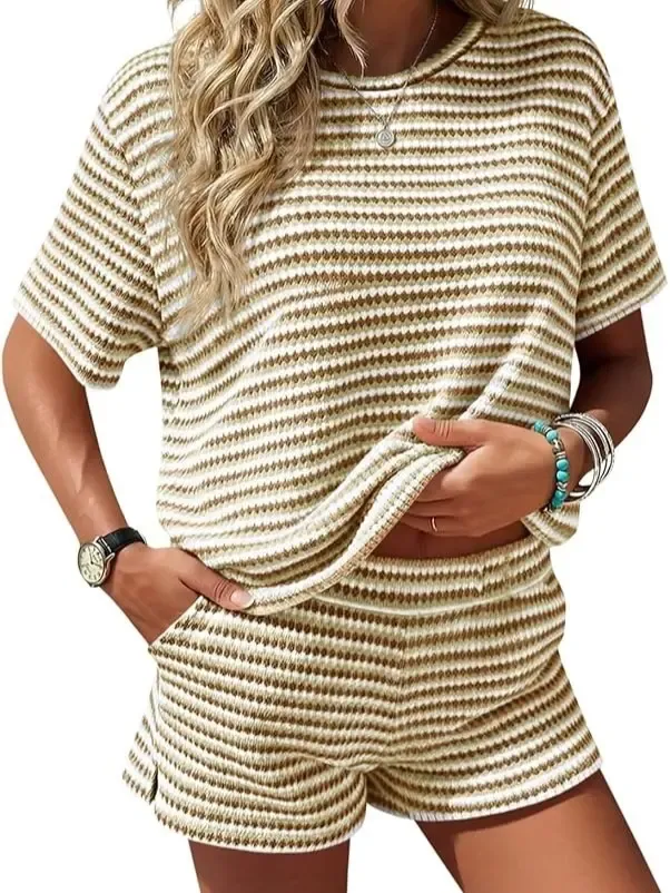 Women's Striped 2-Piece Lounge Set – Short Sleeve Top & Knit Shorts Casual Summer Outfit