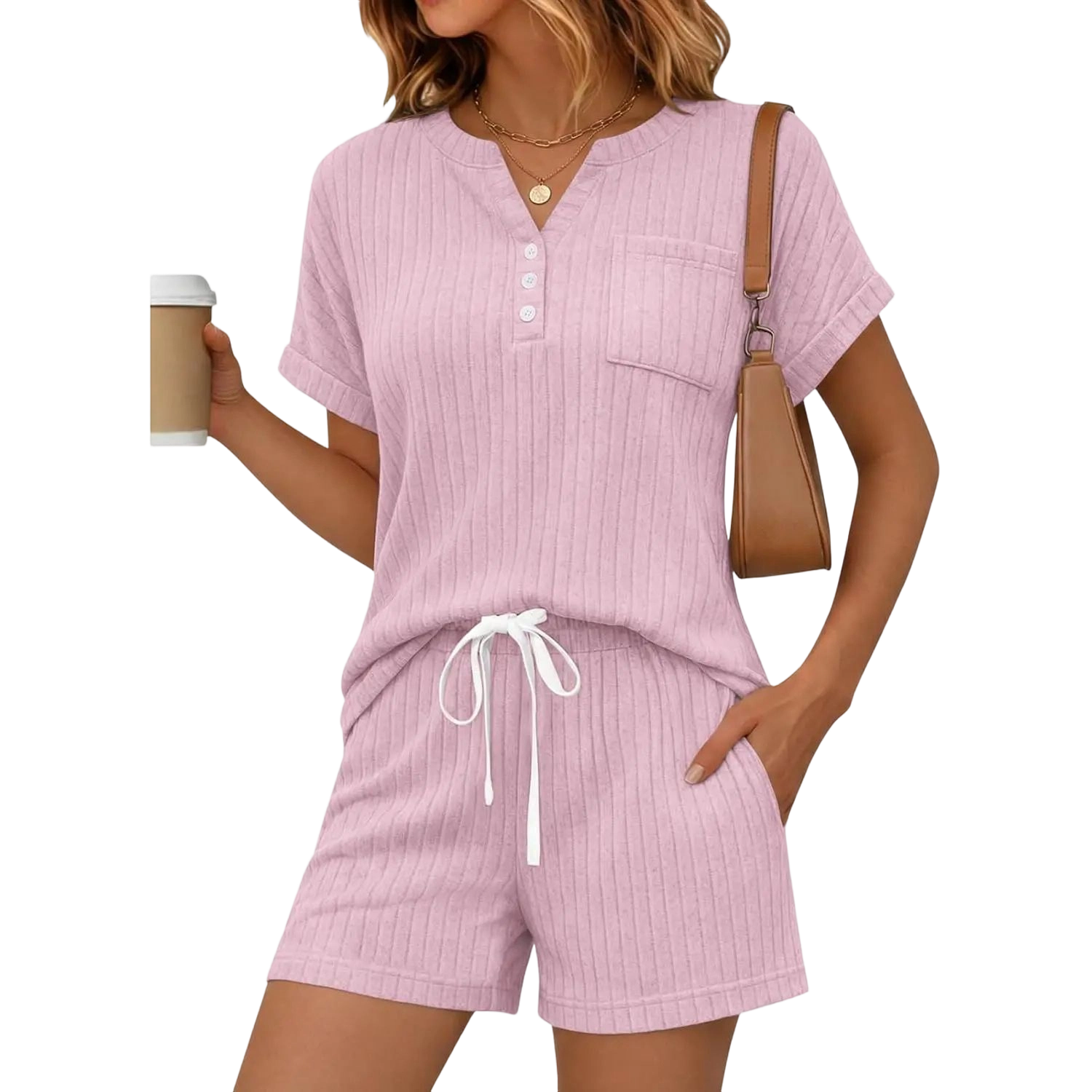 2 Piece Short Sets for Women Summer 2026 Lounge Short Sleeve Henley Outfits Sweatsuit with Pocket