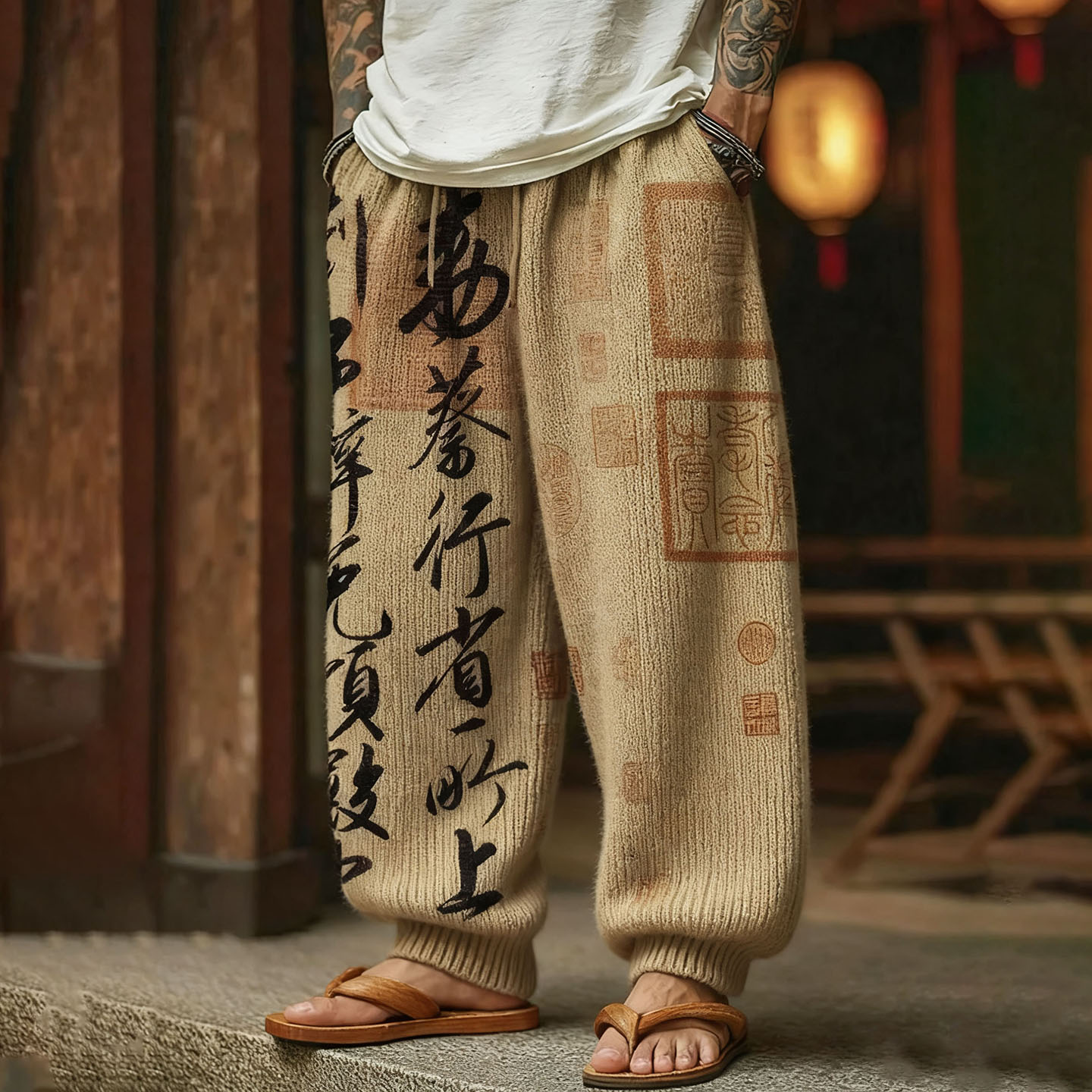Men's Retro Calligraphy Art Print Casual Knit Pants