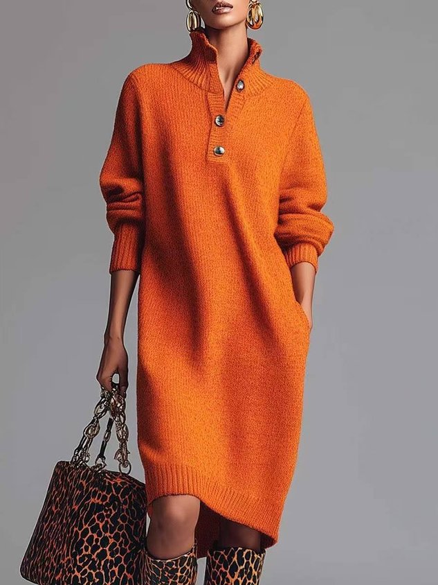 Loose Plain Simple Turtleneck Sweater Dress With No Belt
