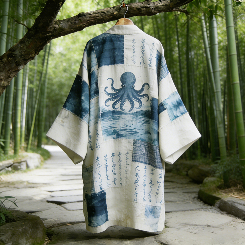 Vintage Japanese-style Octopus Tie-dye Patchwork Cotton Linen Kimono