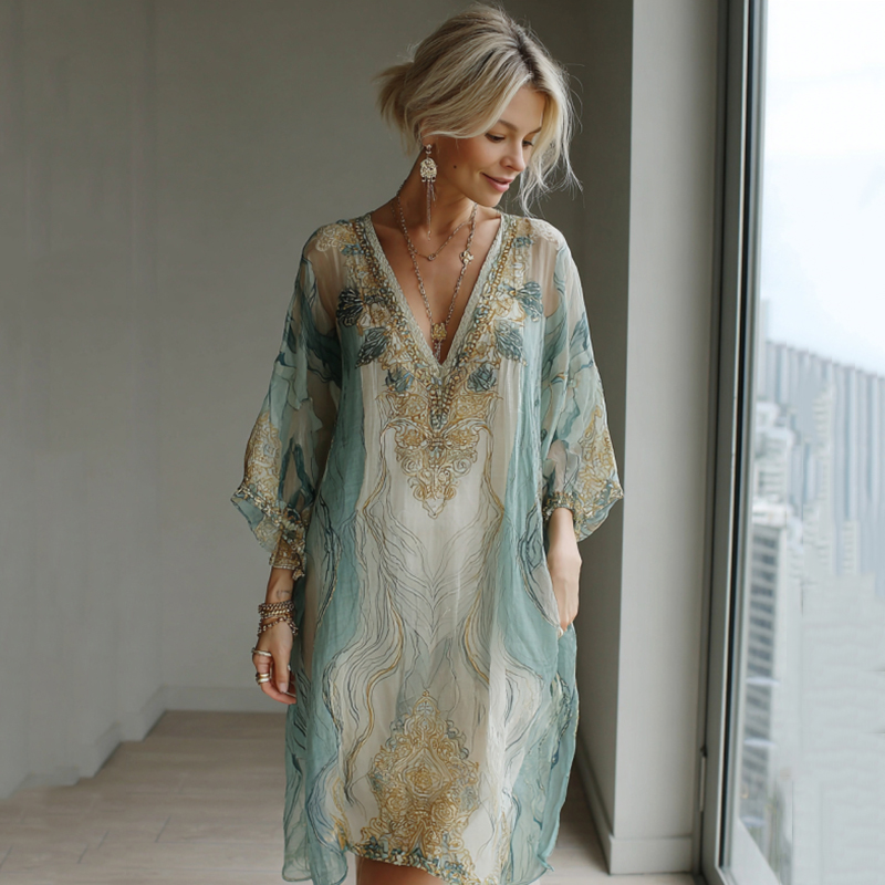 Vintage Marble Texture Collection Retro Bohemia Women Style Gradient Gilded Pattern Linen Dress