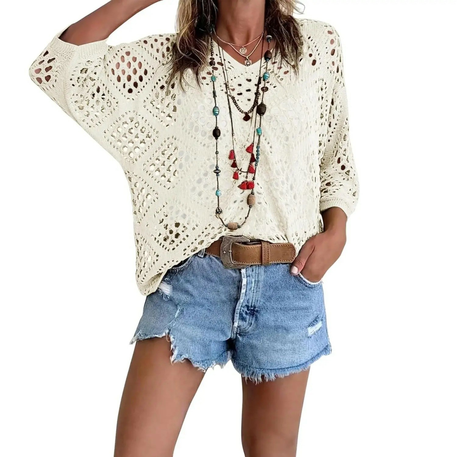 🔥【Stock Up Deals】Women's Bohemian-Inspired Beige Crochet Top with V-Neck
