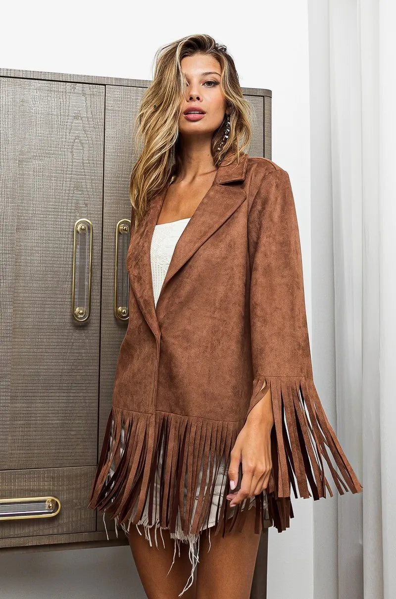 Suede Single Blazer with Fringed Hem