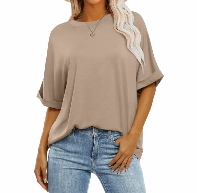 2025 Women's Oversized T-Shirt - Crewneck, Short Roll Sleeves, Relaxed Fit