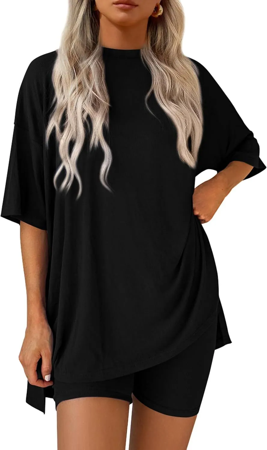 🔥Special Sale❤️Women's Two Piece Lounge Set 2026 Summer Casual Oversized Shirts  Biker Shorts Matching Airport Travel Outfit