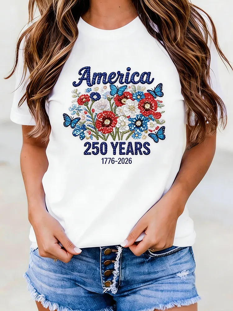 Women's 250th Anniversary Flower Sparkle Printed Casual T-shirt