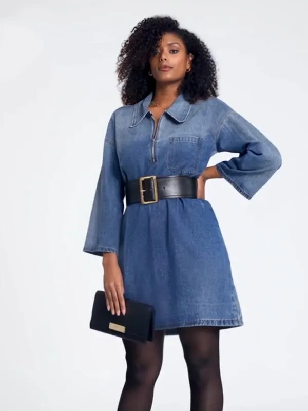 Women's Denim Dress Half-Zip Collared Vintage Washed Blue Loose Fit Long Sleeve