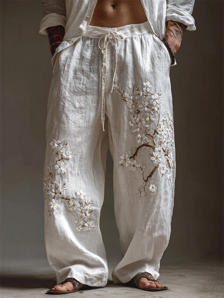Men's White Almond Blossom Flowy Wide Leg Linen Pants
