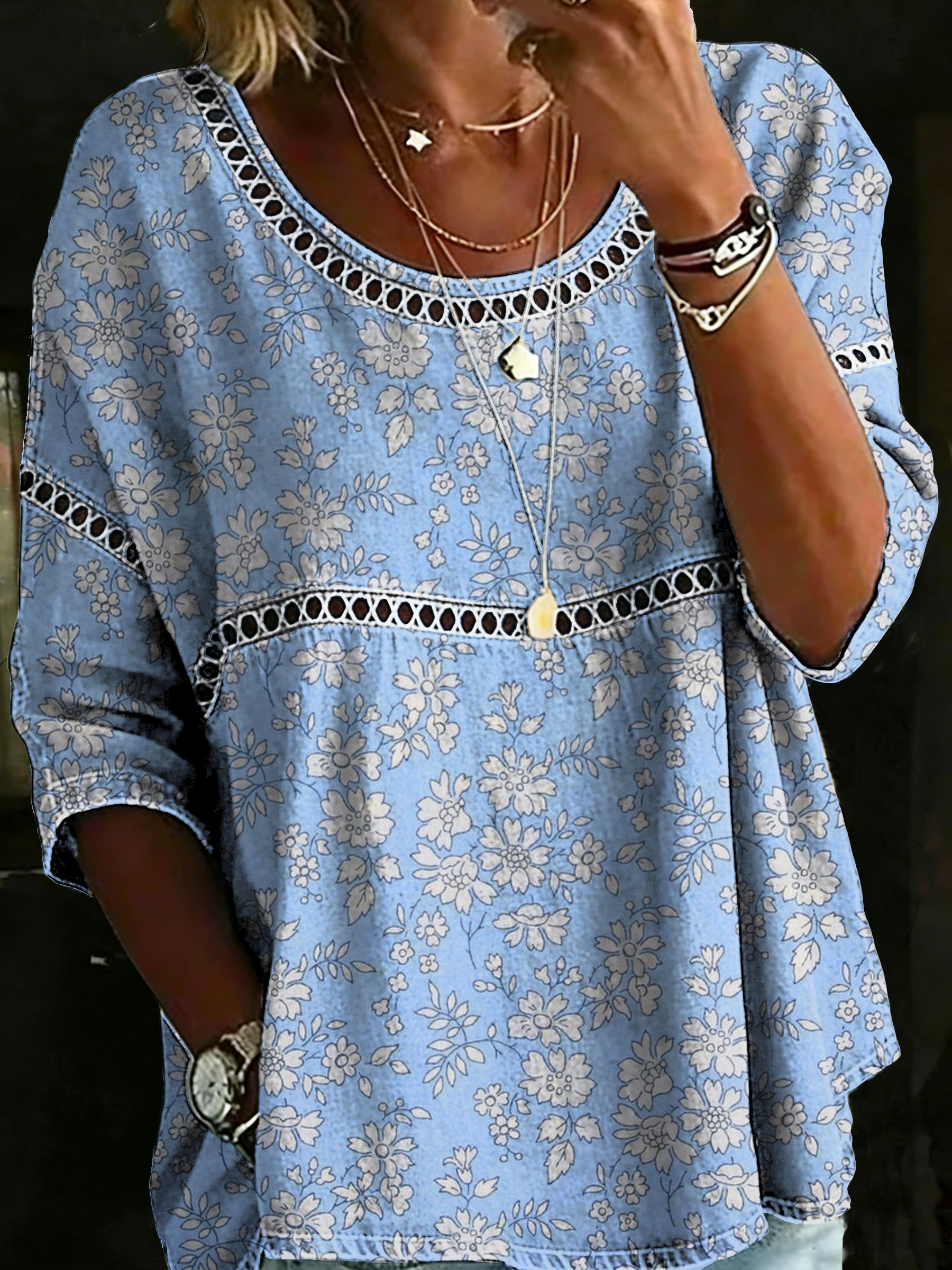 Women's Vintage Flower Casual Loose Denim Blouse Shirt