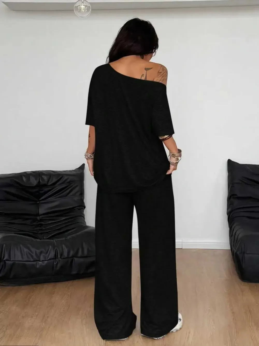 Women's Casual Streetwear Two-Piece Set, Comfortable Shoulder-Exposed Top & Wide-Leg Pants