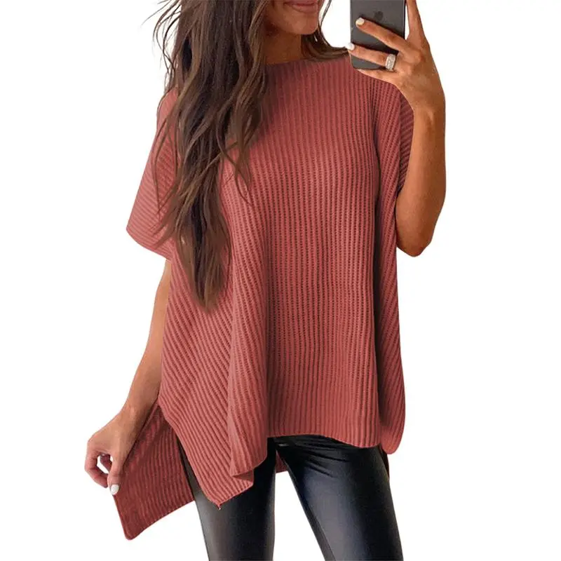 Women’s Oversized Knit Top – Casual Crew Neck Short Sleeve Sweater with Side Slit