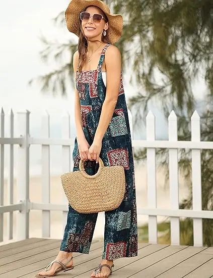 Tanming Women's Patchwork Dual Pocket Jumpsuit Loose Floral Print Bohemian Wide Leg Bib Overall Springfresh