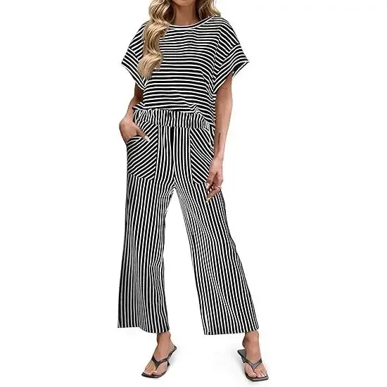 Women’s Striped Batwing Top & Wide Leg Pants 2-Piece Lounge Set with Pockets