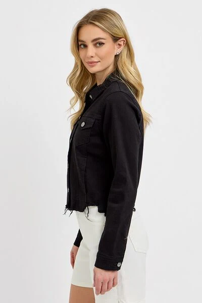 Full Size Irregular Fray Hem Button Up Denim Jacket Plus Size