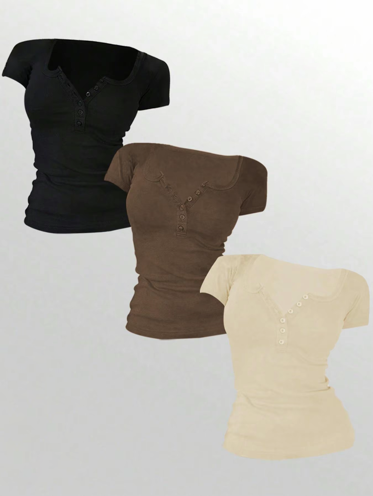 Women's Solid Button Round Neck Tee