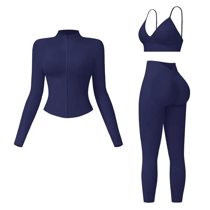 Women’s 3-Piece Seamless Workout Set – Crop Tank, Zip Jacket & High-Waist Leggings