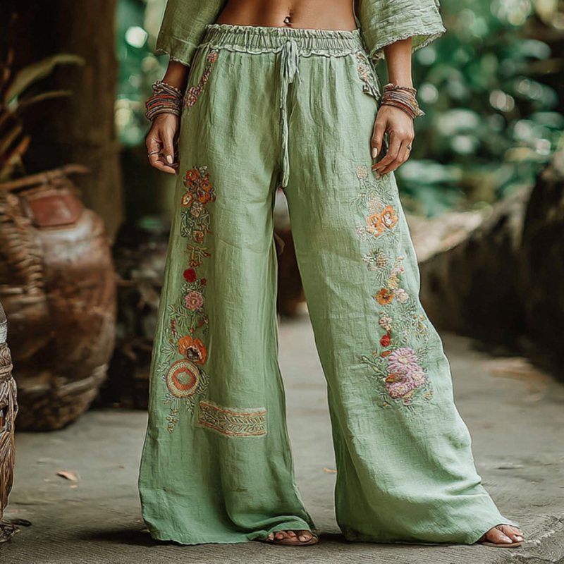 Women's Retro Bohemian Floral Art Linen Pants