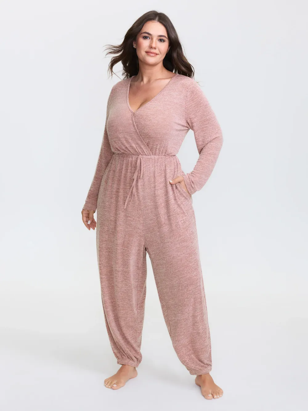 Soft Fitted Lounge Jumpsuit with Tie Neck & Side Pockets
