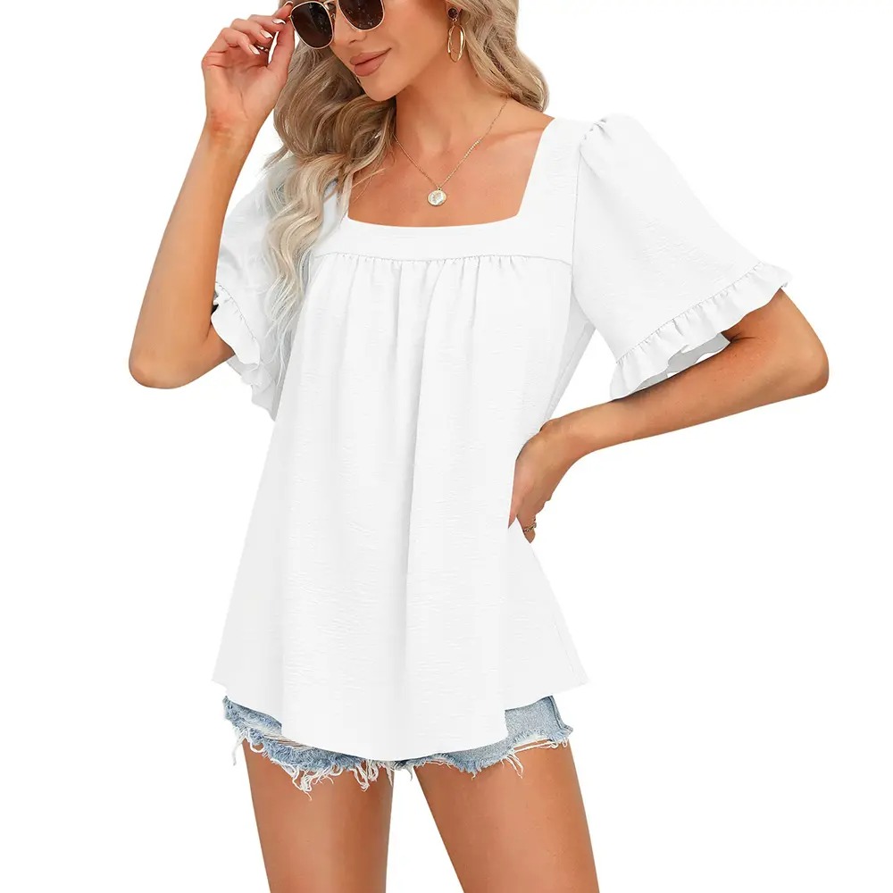 Women's Cottagecore Coquette Blouse - Square Neck Peplum Top with Ruffle Sleeves