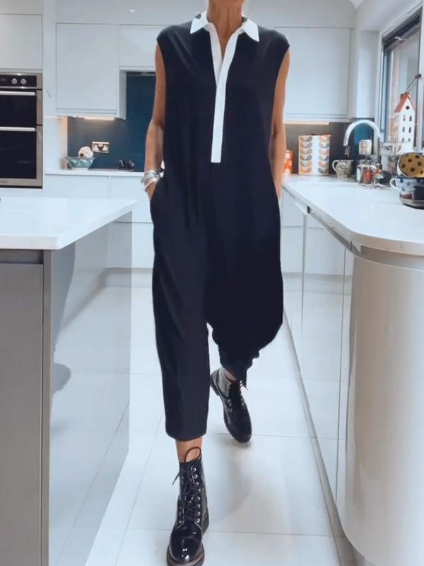 Women's Black and White Jumpsuit Sleeveless Plus Size Jumpsuit