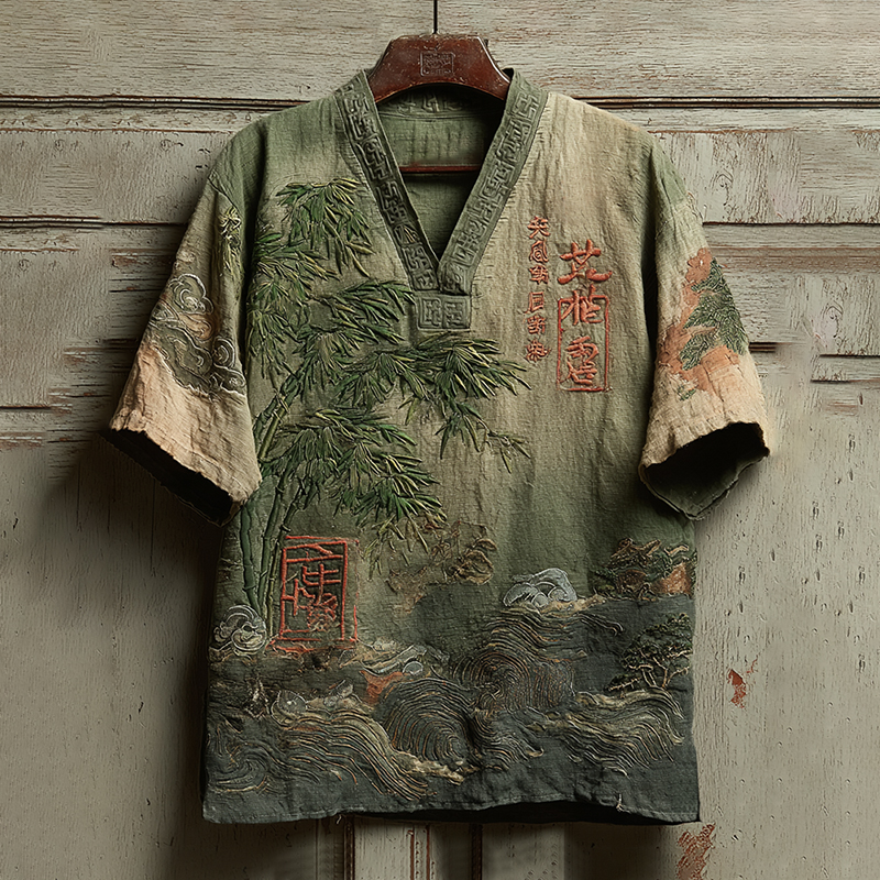 Japanese Bamboo Art Embroidered Linen Shirt