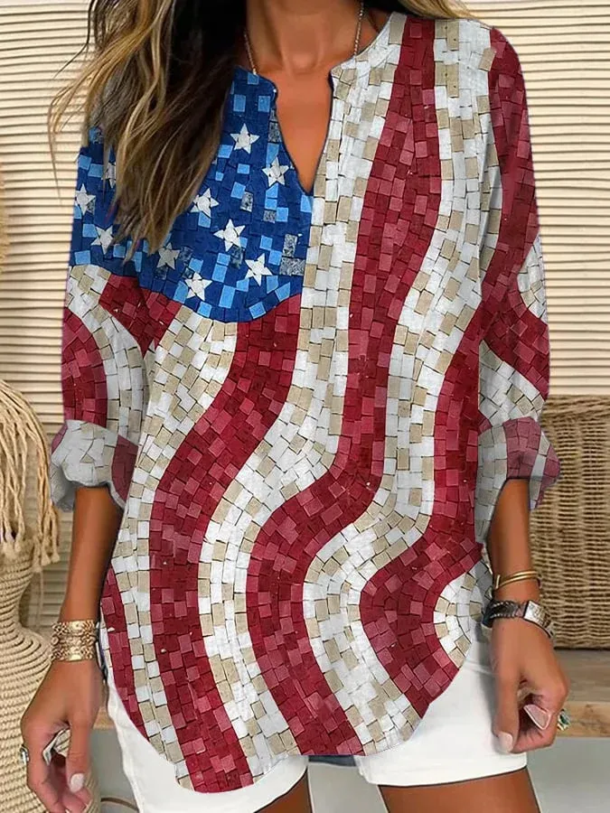 V Neck Long Sleeve America Flag Printing Regular Loose Blouse For Women