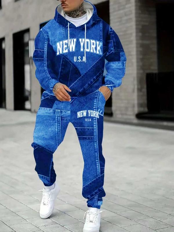 Men's Fall Winter Hooded Sweatshirt and Pants Set with 3D Denim Look